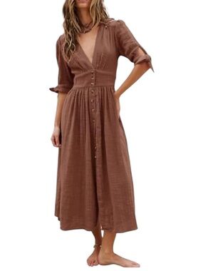 Free People Love Of My Life Puff Sleeve Tie Midi Dress Country Boho Cottage